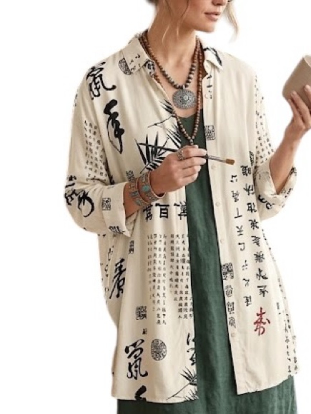 Soft Surroundings Asian Print Button Down Tunic Blouse